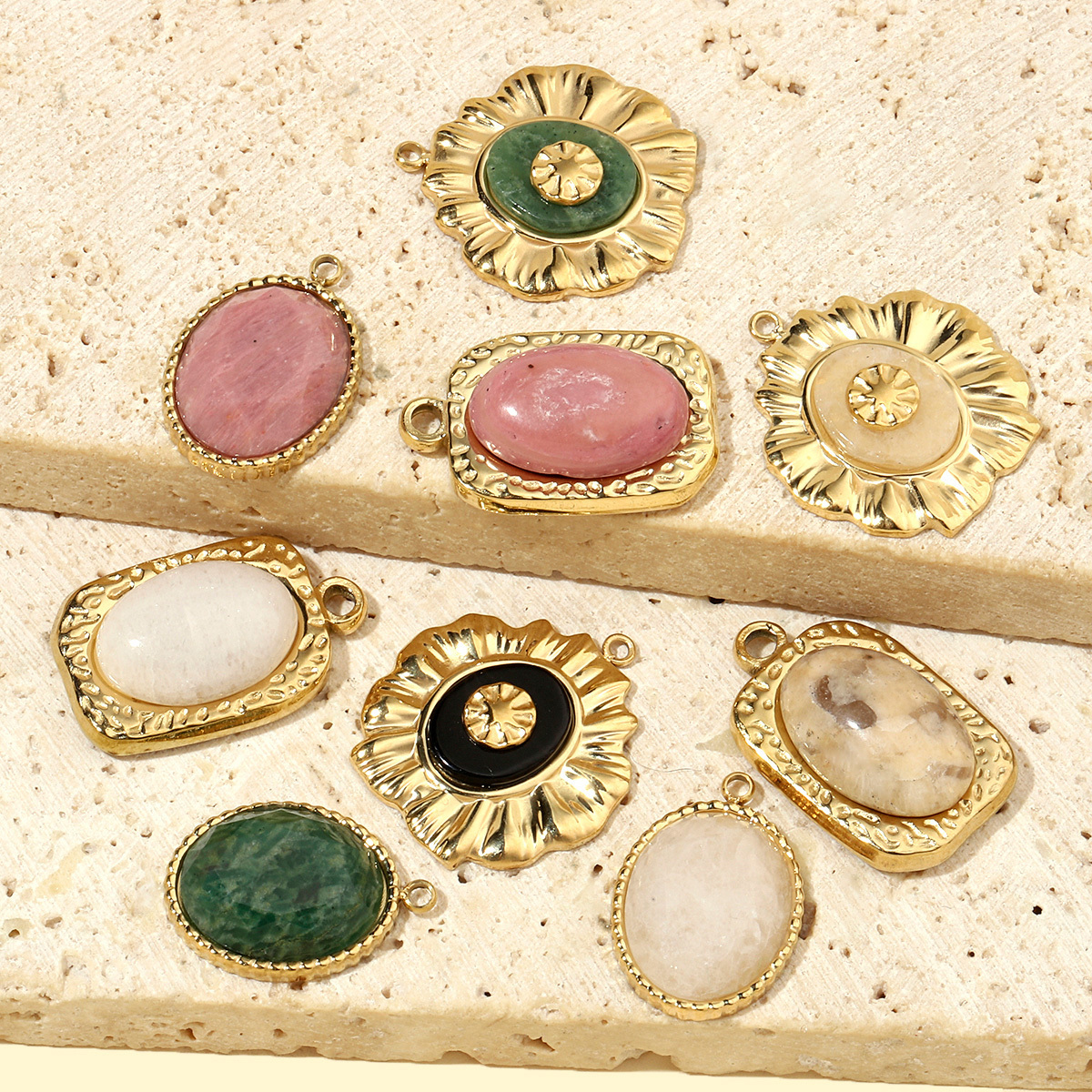 6pcs/pack Luxury Oval Natural Stone Stainless Steel Diy Charms Women Flower Necklace Pendant Rhodochrosite Jewelry