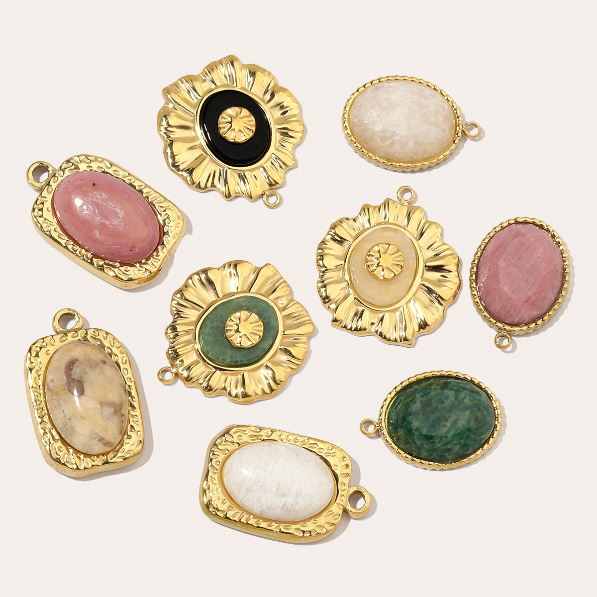 6pcs/pack Luxury Oval Natural Stone Stainless Steel Diy Charms Women Flower Necklace Pendant Rhodochrosite Jewelry
