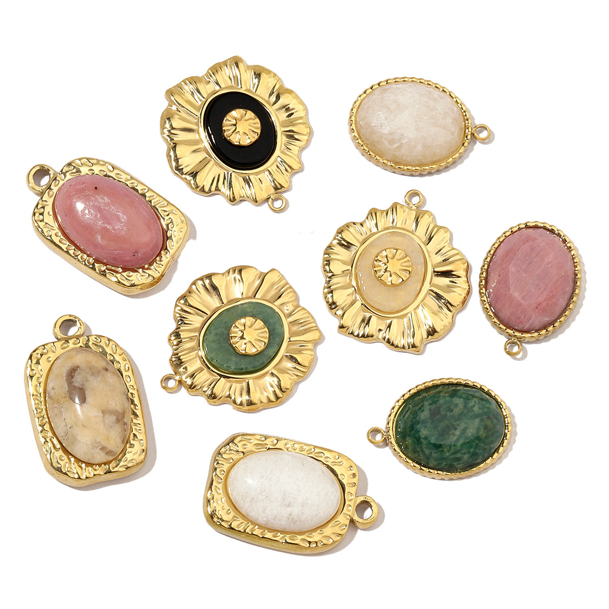 6pcs/pack Luxury Oval Natural Stone Stainless Steel Diy Charms Women Flower Necklace Pendant Rhodochrosite Jewelry