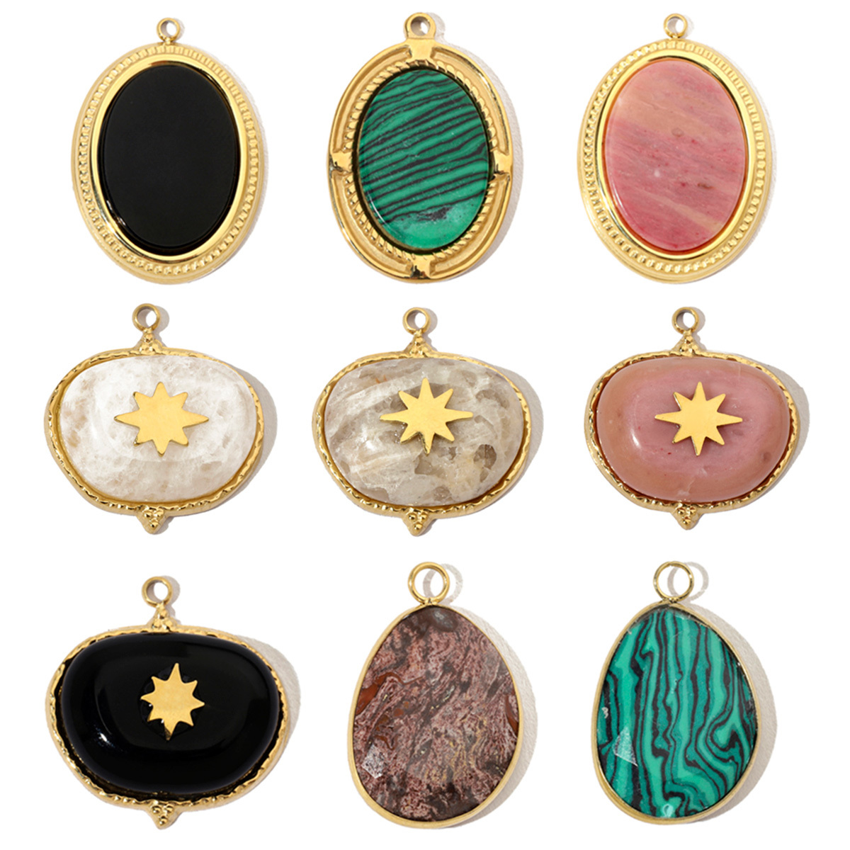 6pcs/pack Luxury Oval Natural Stone Stainless Steel Diy Charms Women Malachite Star Necklace Pendant Black Agate Jewelry