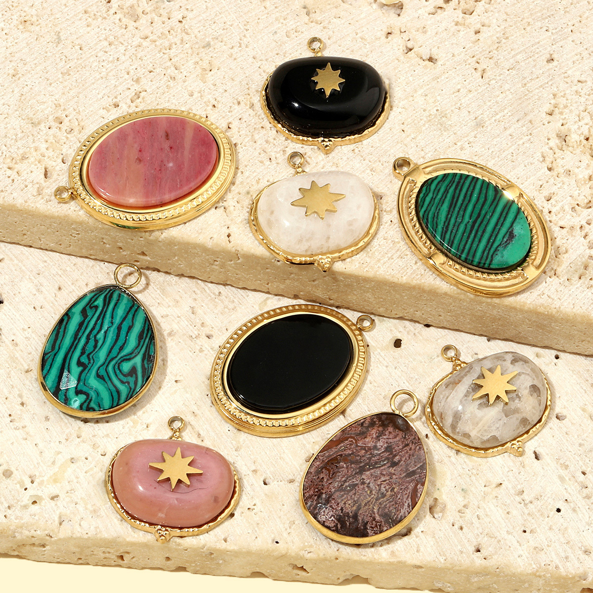 6pcs/pack Luxury Oval Natural Stone Stainless Steel Diy Charms Women Malachite Star Necklace Pendant Black Agate Jewelry