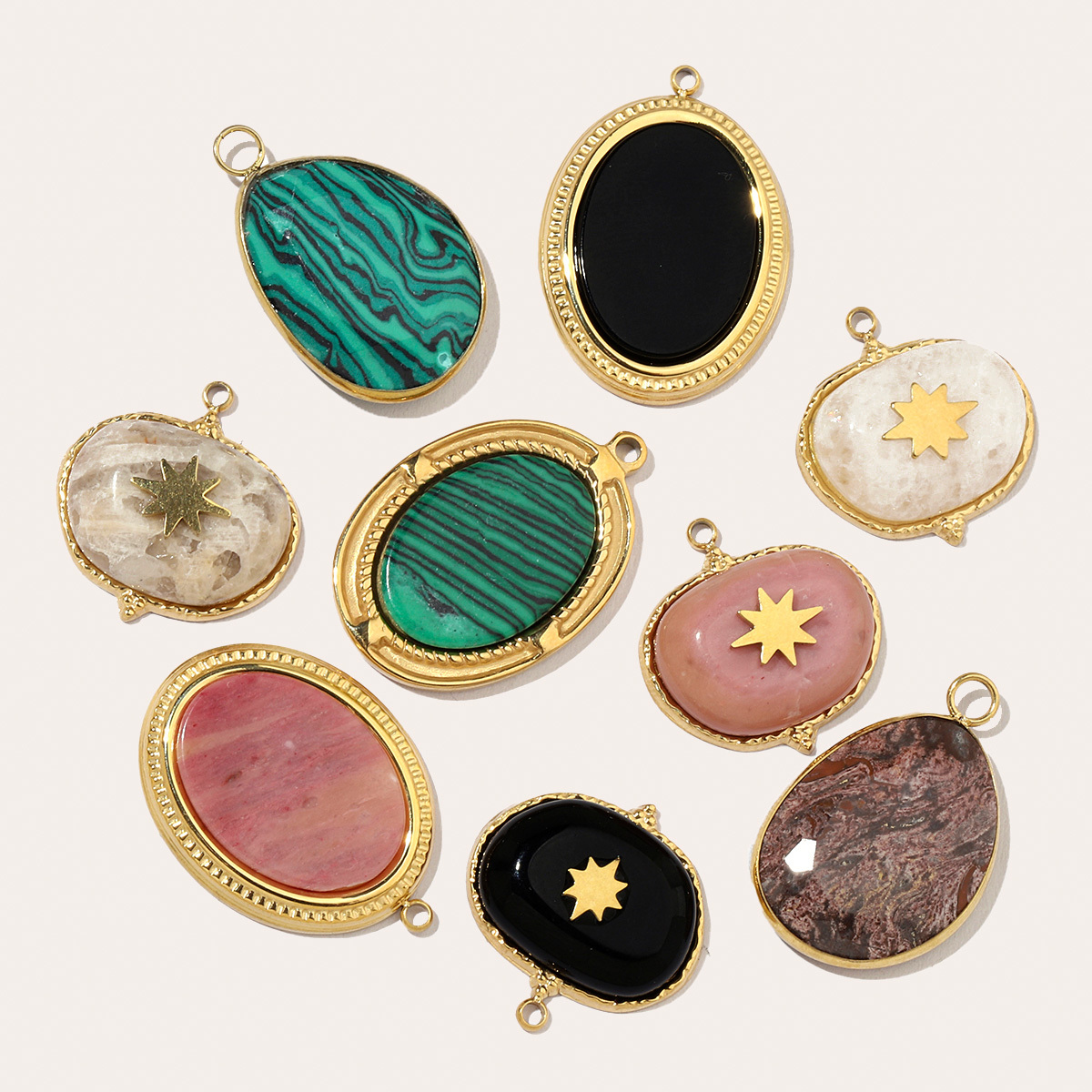 6pcs/pack Luxury Oval Natural Stone Stainless Steel Diy Charms Women Malachite Star Necklace Pendant Black Agate Jewelry