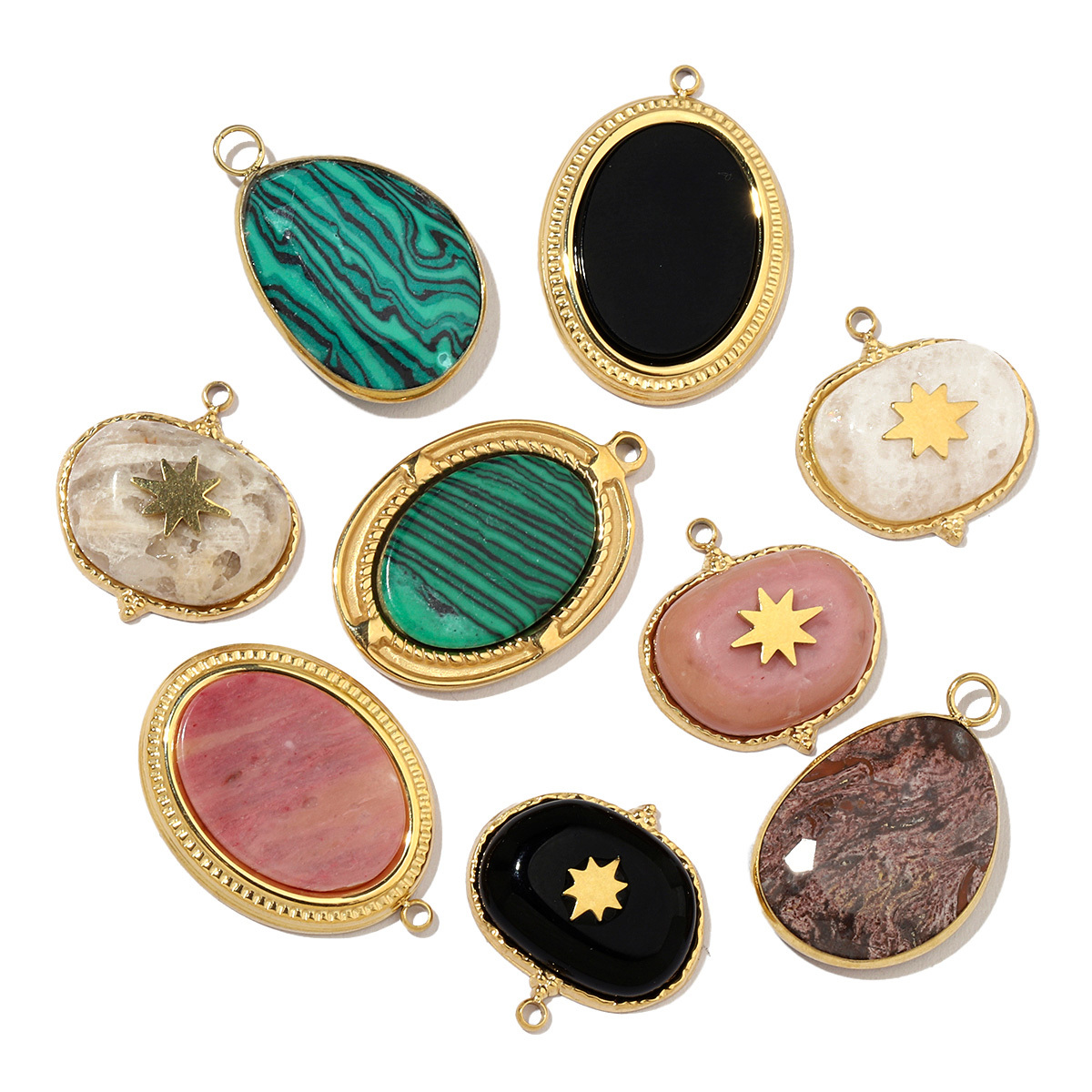 6pcs/pack Luxury Oval Natural Stone Stainless Steel Diy Charms Women Malachite Star Necklace Pendant Black Agate Jewelry