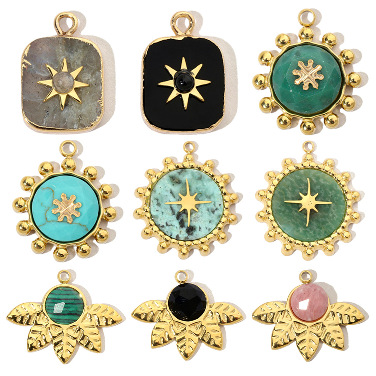 6pcs/pack French Leaf Natural Stone Stainless Steel Diy Charms Women African Pine Star Necklace Pendant Chalchite Jewelry