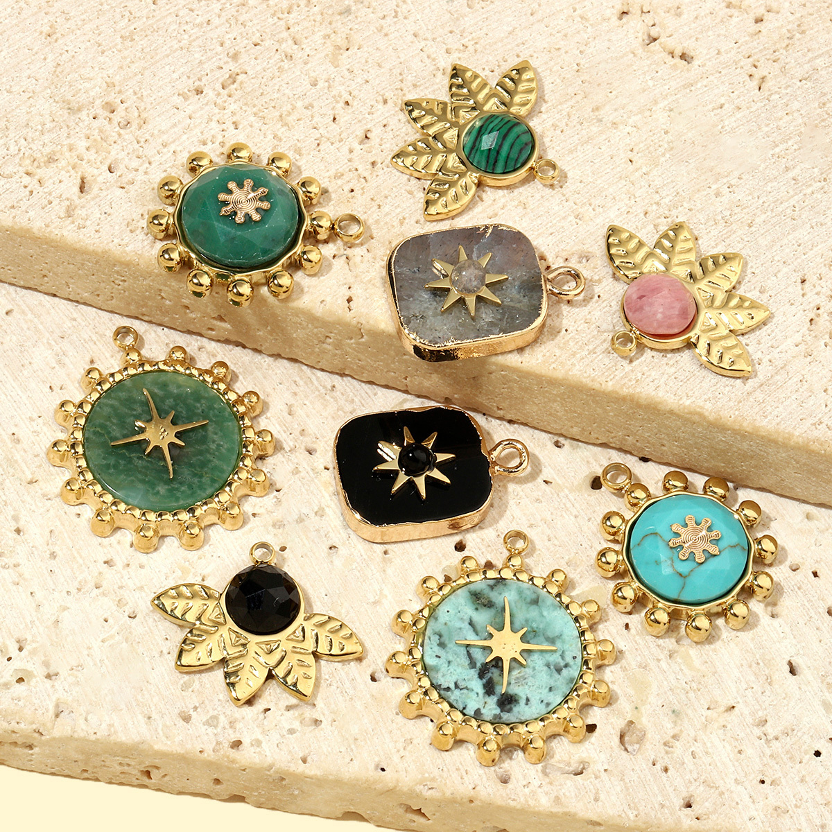6pcs/pack French Leaf Natural Stone Stainless Steel Diy Charms Women African Pine Star Necklace Pendant Chalchite Jewelry