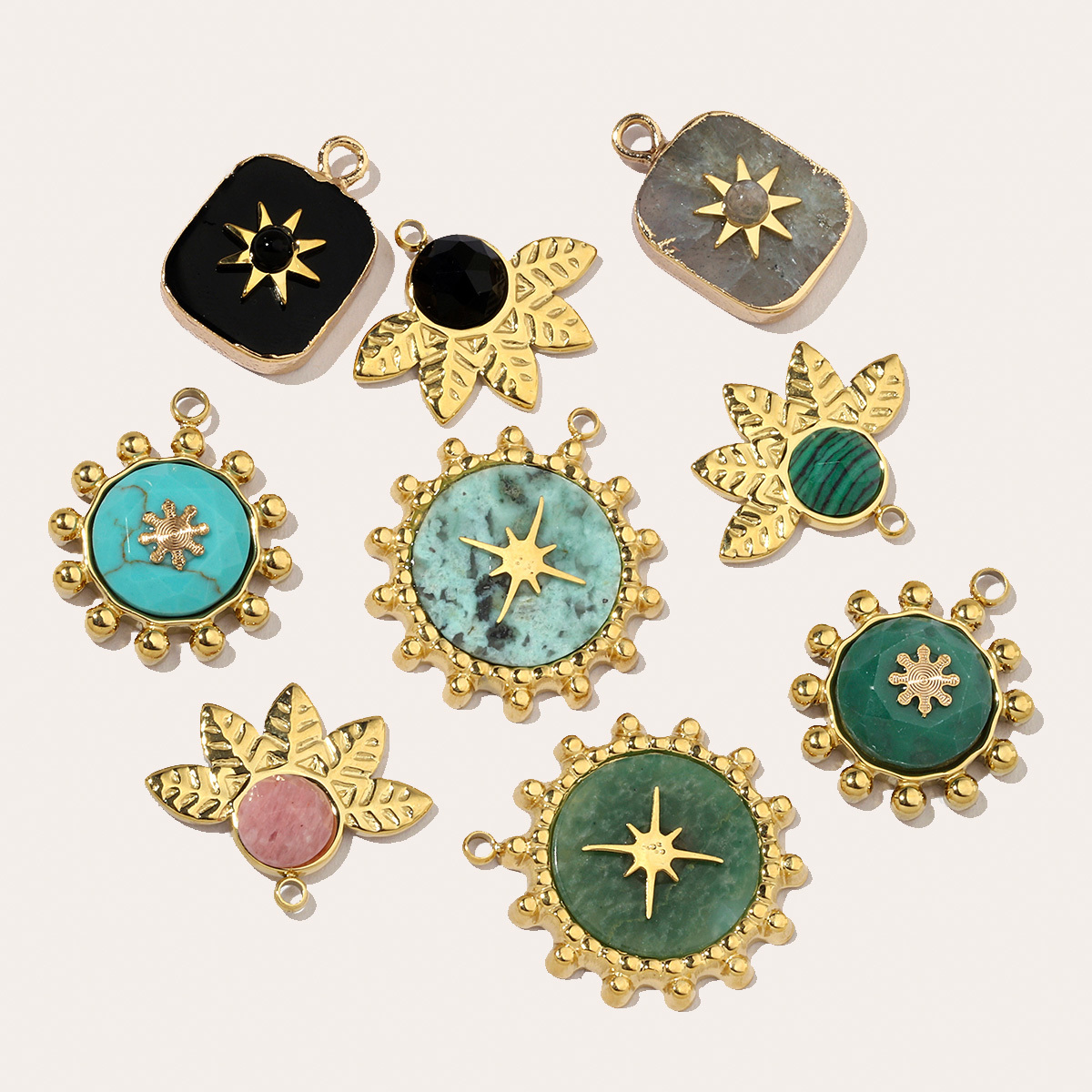 6pcs/pack French Leaf Natural Stone Stainless Steel Diy Charms Women African Pine Star Necklace Pendant Chalchite Jewelry