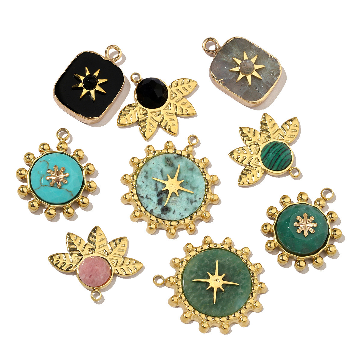 6pcs/pack French Leaf Natural Stone Stainless Steel Diy Charms Women African Pine Star Necklace Pendant Chalchite Jewelry