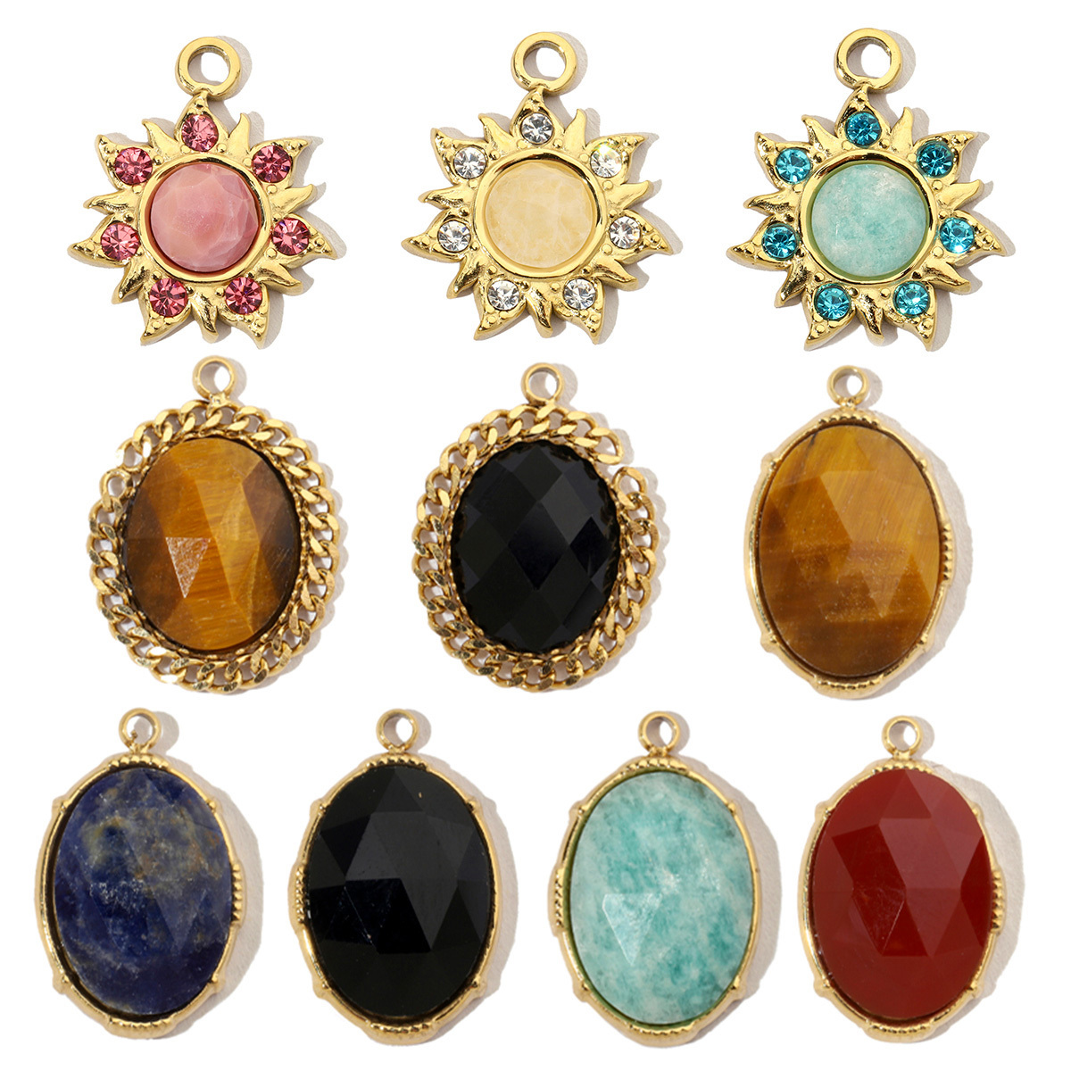 6pcs/pack French Sun Flower Natural Stone Stainless Steel Diy Charms Women Oval Amazon Necklace Pendant Tiger Eye Jewelry