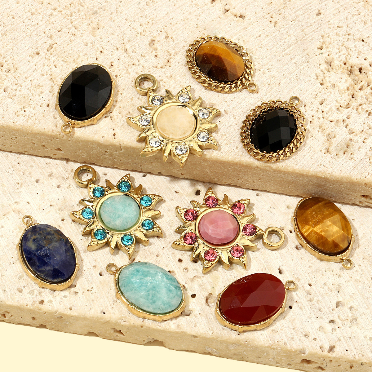 6pcs/pack French Sun Flower Natural Stone Stainless Steel Diy Charms Women Oval Amazon Necklace Pendant Tiger Eye Jewelry