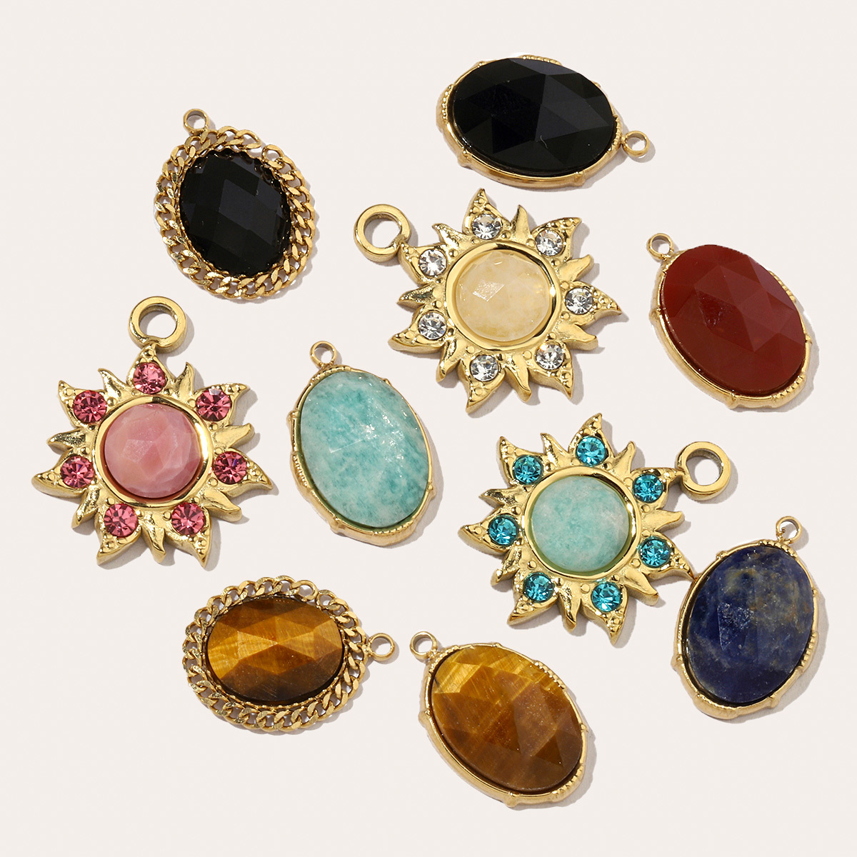 6pcs/pack French Sun Flower Natural Stone Stainless Steel Diy Charms Women Oval Amazon Necklace Pendant Tiger Eye Jewelry
