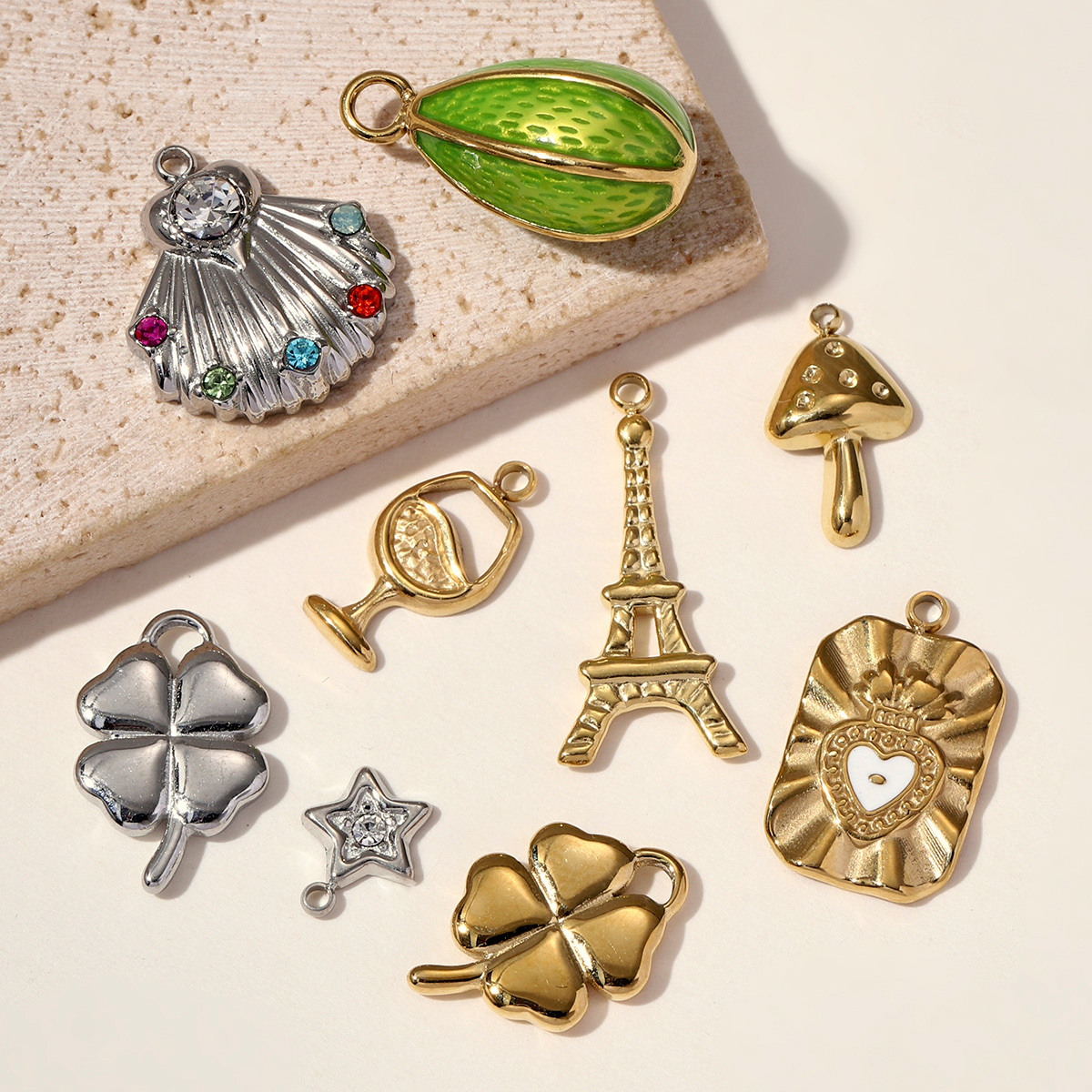 6pcs/pack Stainless Steel Lucky Clover Star DIY Charms Women Shell Jewelry Enamel Mushroom Eiffel Tower Goblet Necklace Pendants