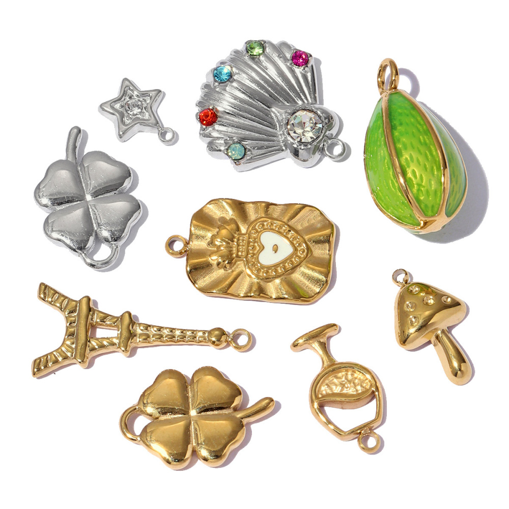 6pcs/pack Stainless Steel Lucky Clover Star DIY Charms Women Shell Jewelry Enamel Mushroom Eiffel Tower Goblet Necklace Pendants