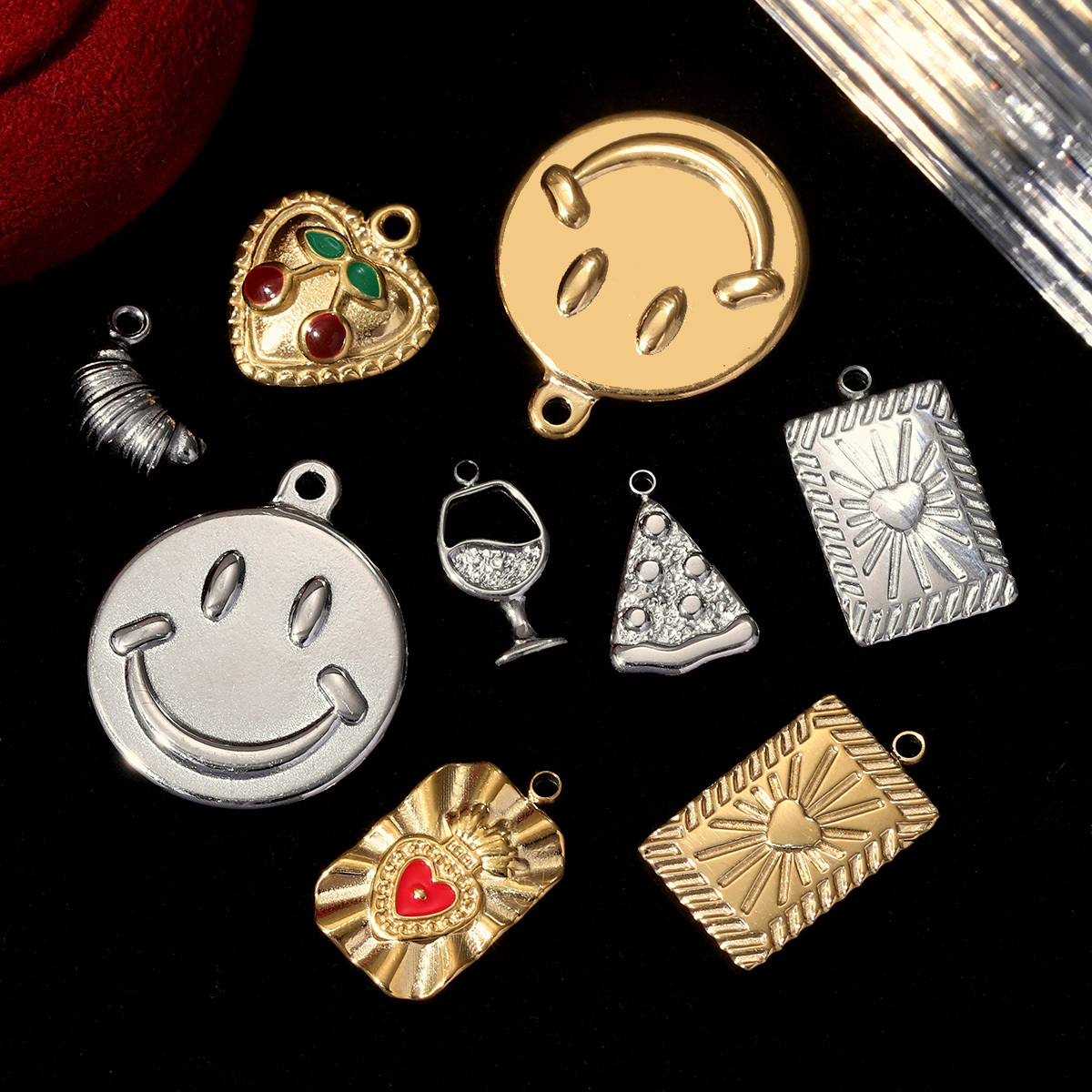 6pcs/pack Stainless Steel Enamel Crown Heart Cherry Croissant DIY Charms Women Smile Face Pendant Bracelet Necklace Make Jewelry