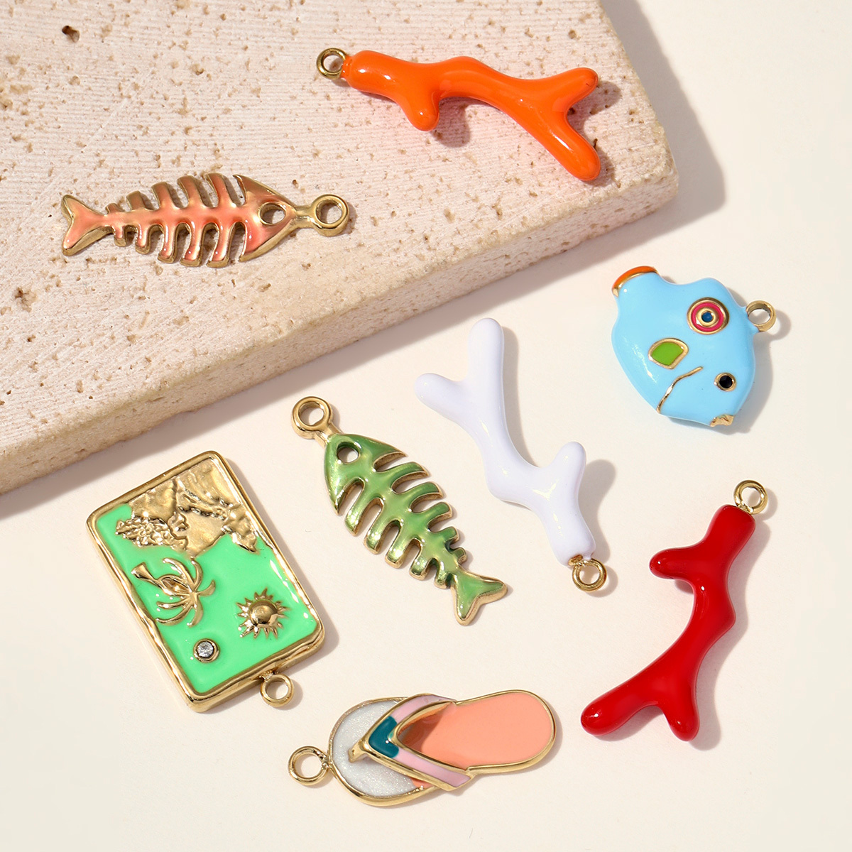 6pcs/pack Stainless Steel Enamel Fish Bone DIY Charms Women Coral Beach Slipper Palm Tree Necklace Pendant Ocean Theme Jewelry