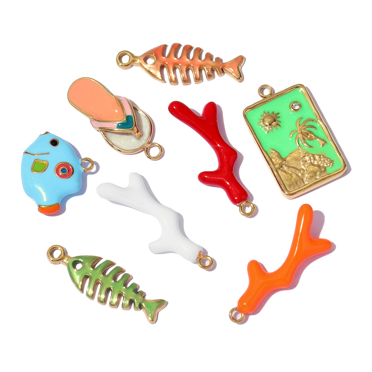 6pcs/pack Stainless Steel Enamel Fish Bone DIY Charms Women Coral Beach Slipper Palm Tree Necklace Pendant Ocean Theme Jewelry