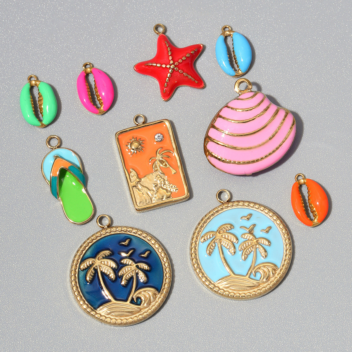 6pcs/pack Stainless Steel Ocean Theme Palm Tree Shell DIY Charms Women Bracelet Jewelry Starfish Beach Slippers Necklace Pendant