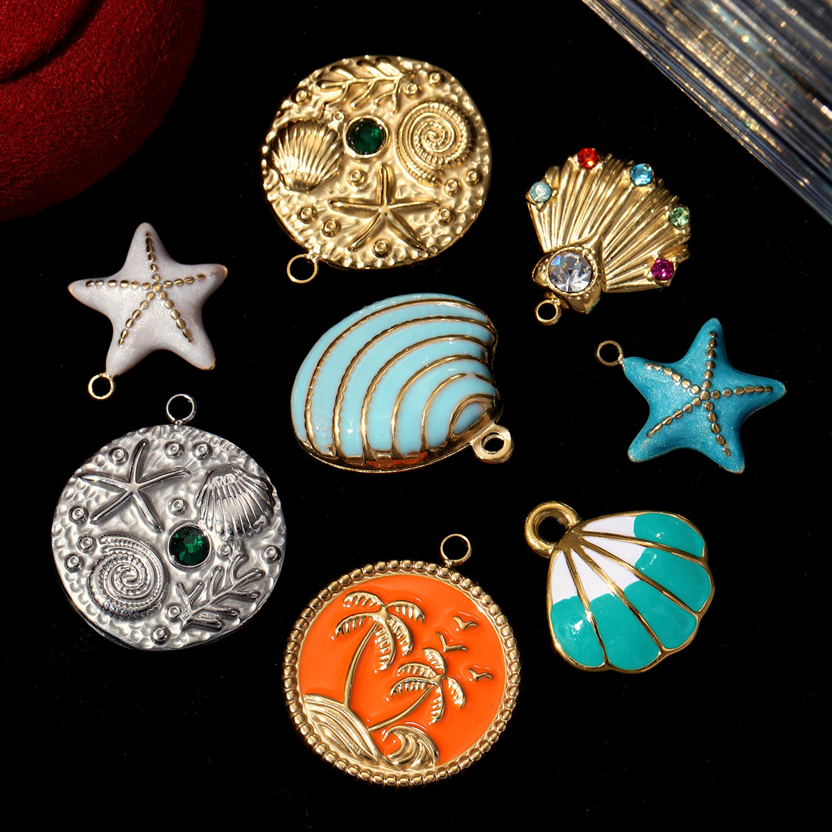6pcs/pack Blue Enamel Shell Stainless Steel DIY Charm Women Beach Jewelry Square Coconut Tree Slippers Pendant Necklace Making