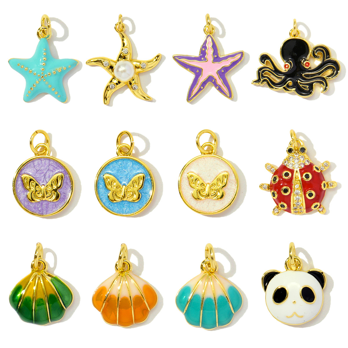 6pcs/pack Cute Copper Zircon Enamel Ladybug Panda DIY Charms Shell Octopus Starfish Pendants Women Necklaces Making Jewelry