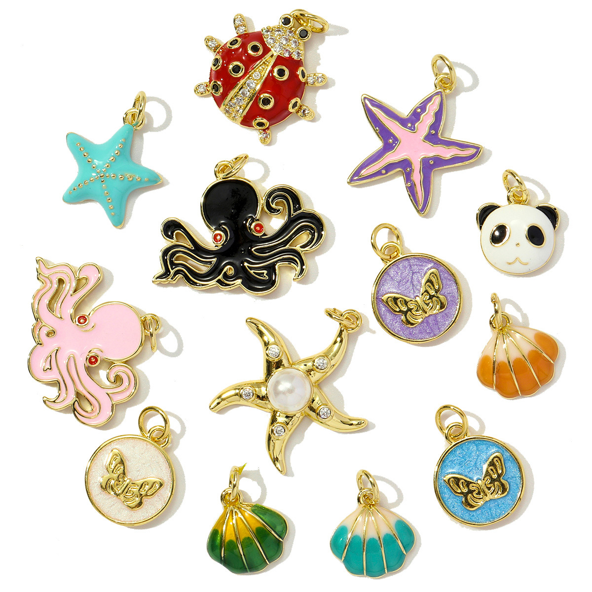 6pcs/pack Cute Copper Zircon Enamel Ladybug Panda DIY Charms Shell Octopus Starfish Pendants Women Necklaces Making Jewelry