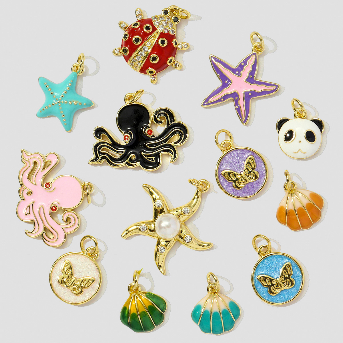 6pcs/pack Cute Copper Zircon Enamel Ladybug Panda DIY Charms Shell Octopus Starfish Pendants Women Necklaces Making Jewelry