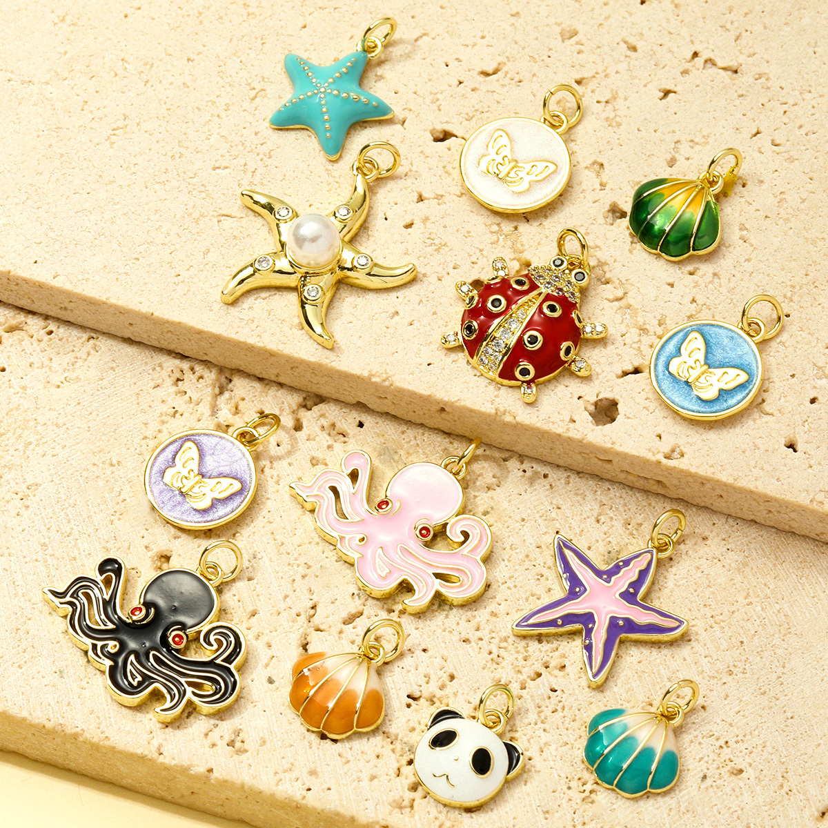 6pcs/pack Cute Copper Zircon Enamel Ladybug Panda DIY Charms Shell Octopus Starfish Pendants Women Necklaces Making Jewelry