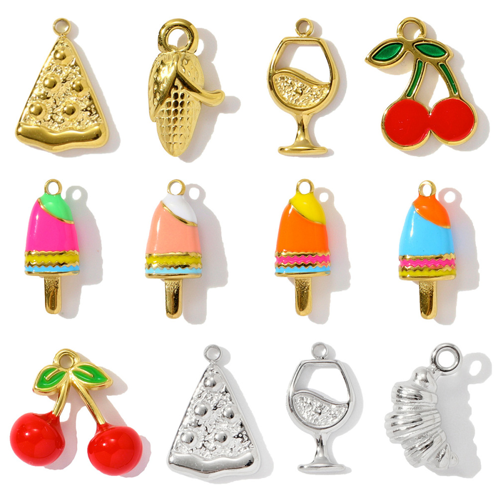 6pcs/pack Stainless Steel Corn Ice Cream Necklace Pendants Wine Glasses Cherry DIY Charms Earrings Making Women Jewelry