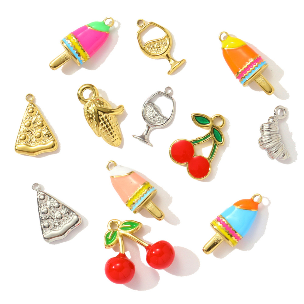 6pcs/pack Stainless Steel Corn Ice Cream Necklace Pendants Wine Glasses Cherry DIY Charms Earrings Making Women Jewelry