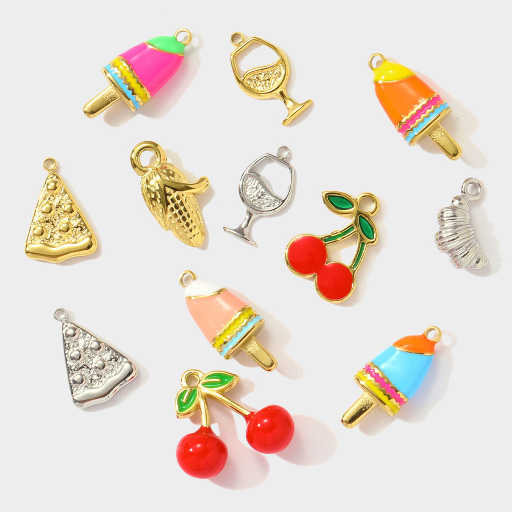 6pcs/pack Stainless Steel Corn Ice Cream Necklace Pendants Wine Glasses Cherry DIY Charms Earrings Making Women Jewelry