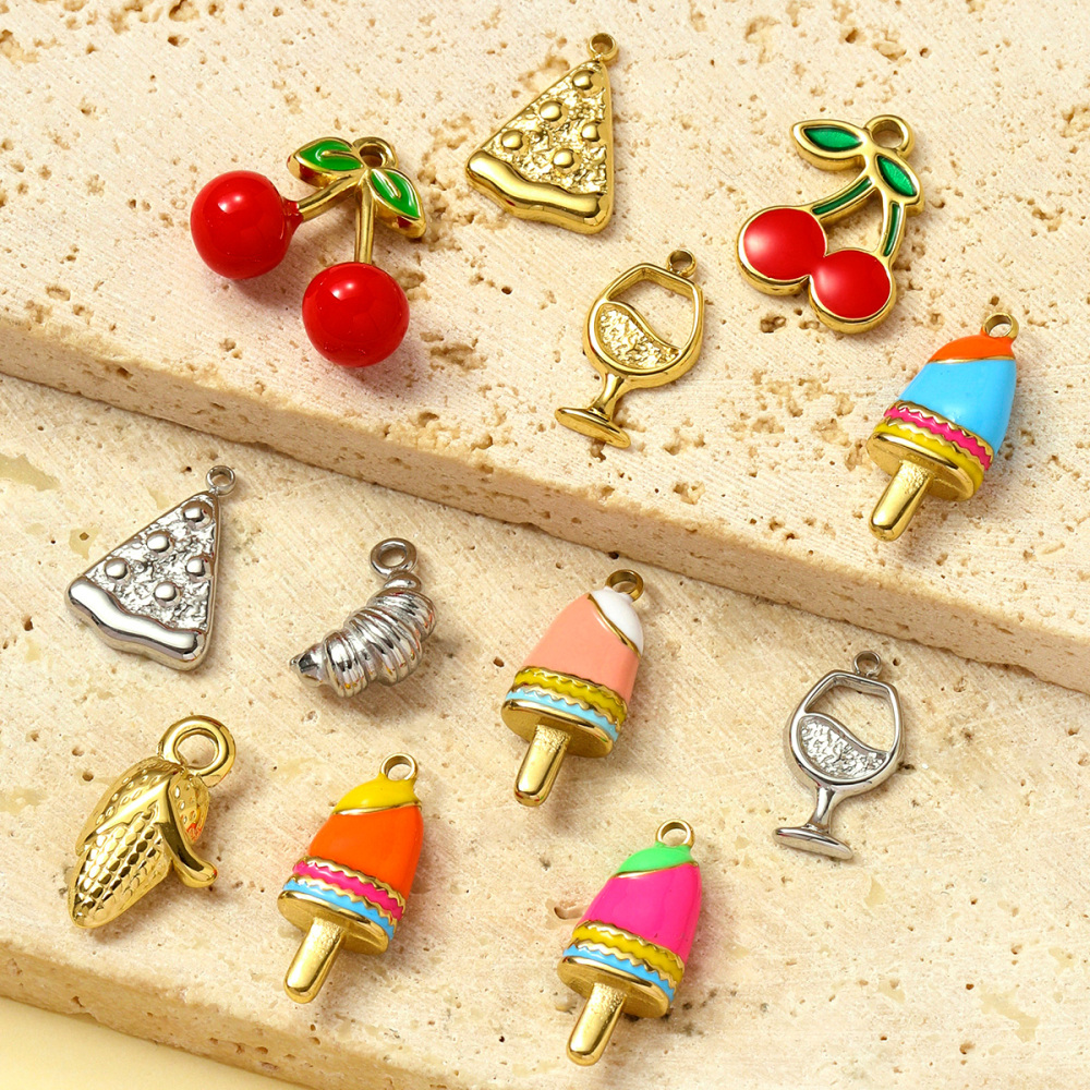 6pcs/pack Stainless Steel Corn Ice Cream Necklace Pendants Wine Glasses Cherry DIY Charms Earrings Making Women Jewelry
