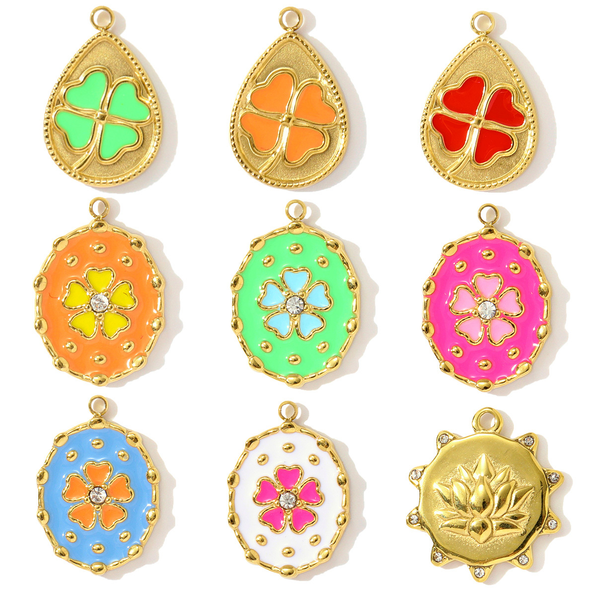 6pcs/pack French Stainless Steel Enamel Lucky Clover Necklace Pendants Lotus Flower DIY Charms Earrings Making Women Jewelry