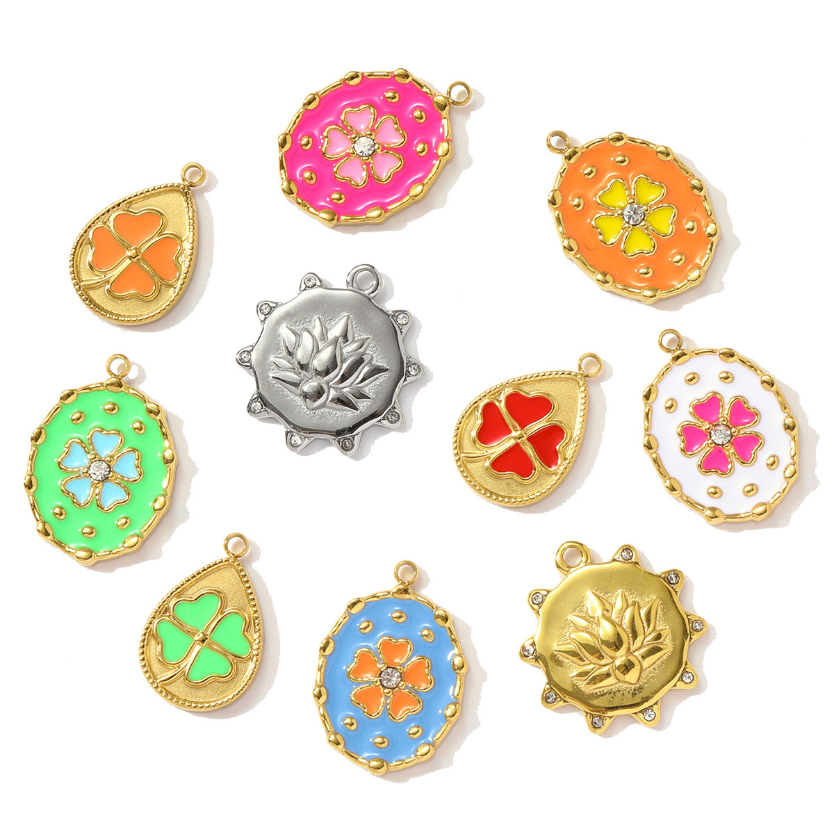 6pcs/pack French Stainless Steel Enamel Lucky Clover Necklace Pendants Lotus Flower DIY Charms Earrings Making Women Jewelry