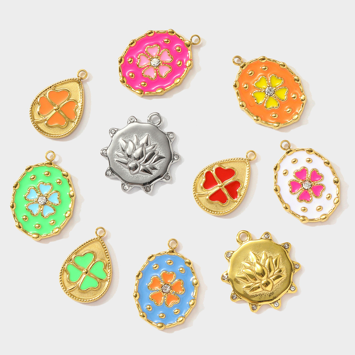 6pcs/pack French Stainless Steel Enamel Lucky Clover Necklace Pendants Lotus Flower DIY Charms Earrings Making Women Jewelry