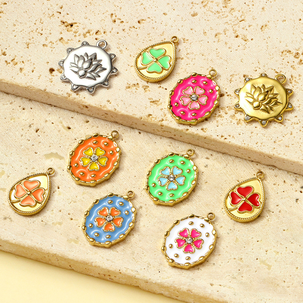 6pcs/pack French Stainless Steel Enamel Lucky Clover Necklace Pendants Lotus Flower DIY Charms Earrings Making Women Jewelry