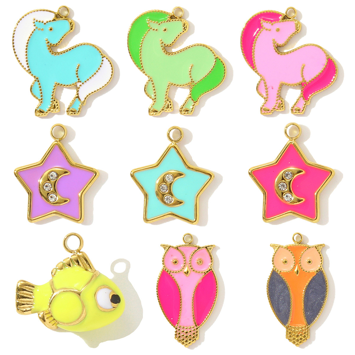 6pcs/pack Enamel Horse Owl Stainless Steel Necklace Pendants Crescent Moon Star DIY Charms Fish Earrings Making Women Jewelry
