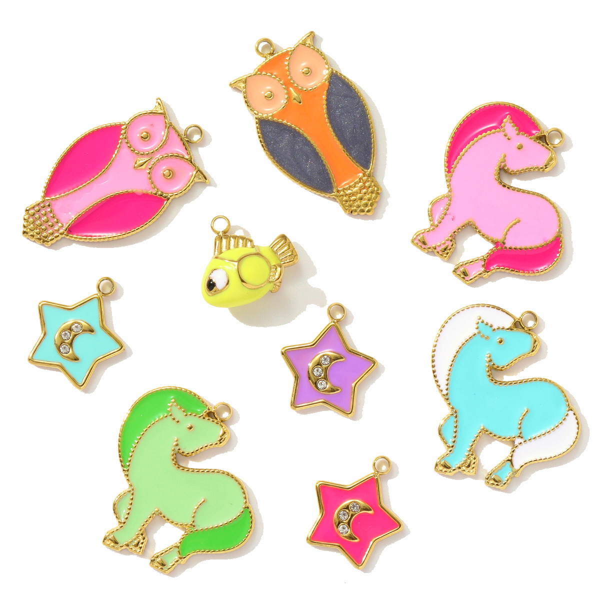 6pcs/pack Enamel Horse Owl Stainless Steel Necklace Pendants Crescent Moon Star DIY Charms Fish Earrings Making Women Jewelry