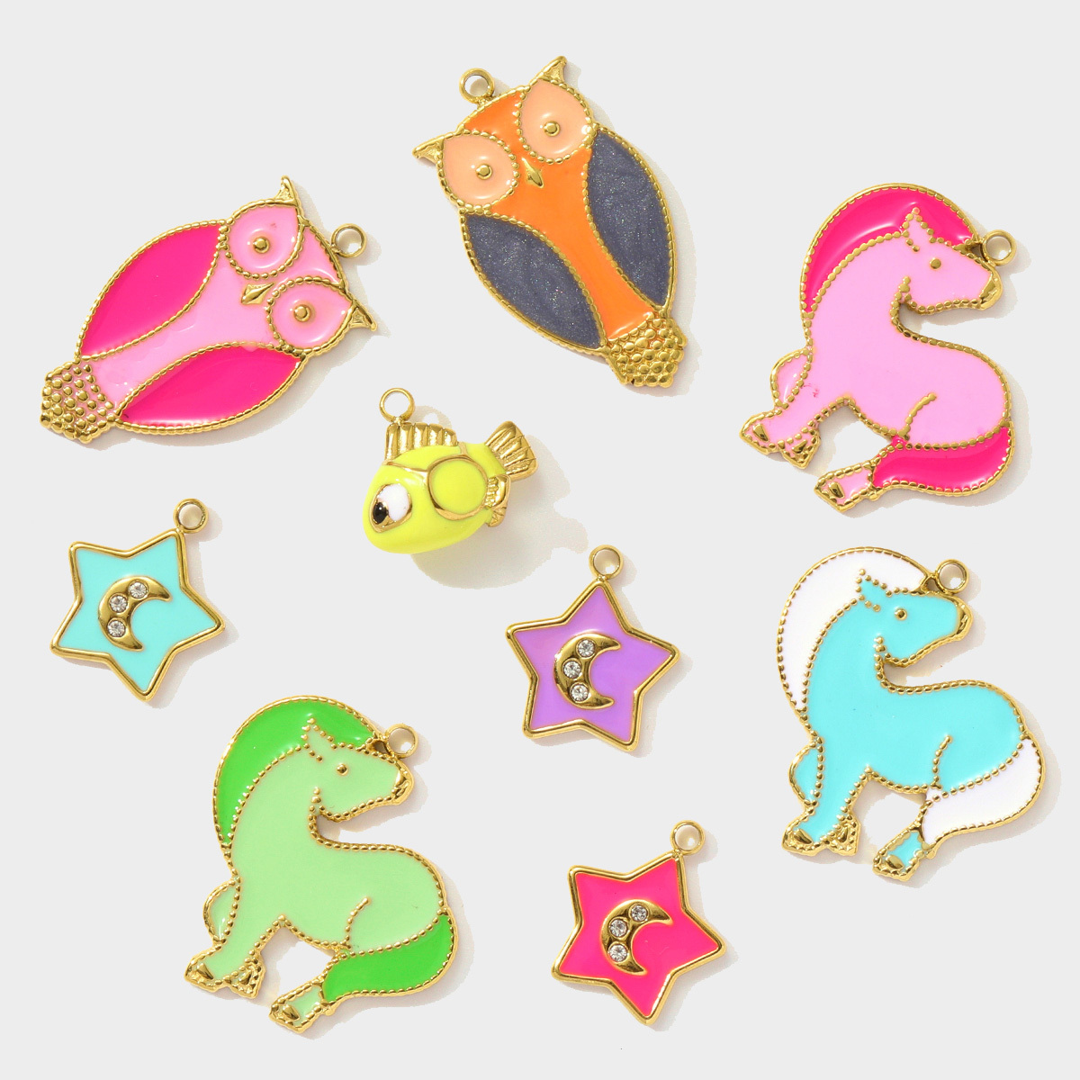 6pcs/pack Enamel Horse Owl Stainless Steel Necklace Pendants Crescent Moon Star DIY Charms Fish Earrings Making Women Jewelry