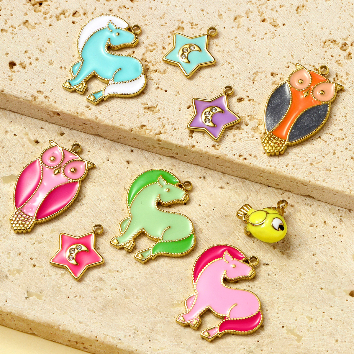 6pcs/pack Enamel Horse Owl Stainless Steel Necklace Pendants Crescent Moon Star DIY Charms Fish Earrings Making Women Jewelry