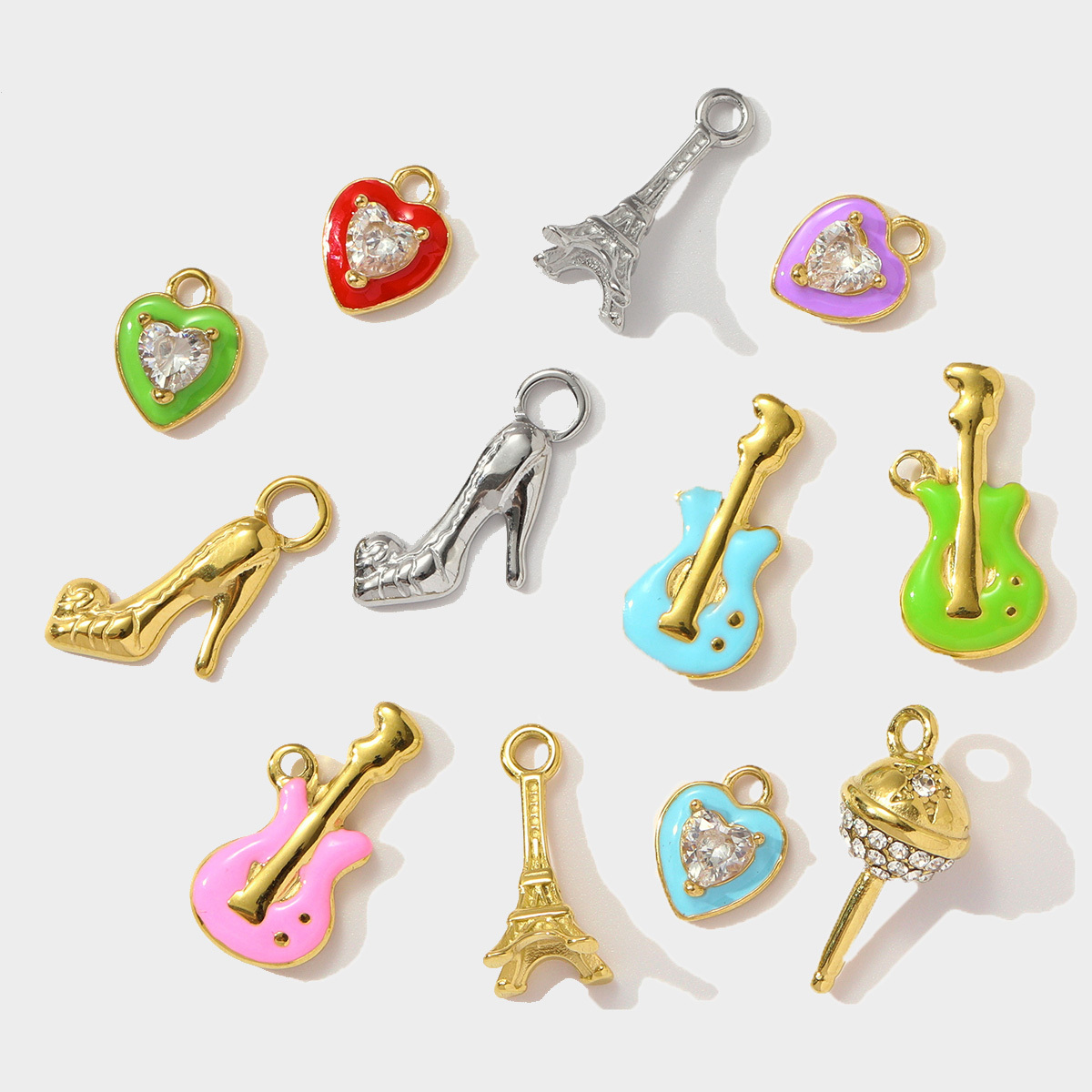6pcs/pack Enamel Crystal Heart Stainless Steel Pendants High Heels Eiffel Tower DIY Charms Violin Earrings Making Women Jewelry