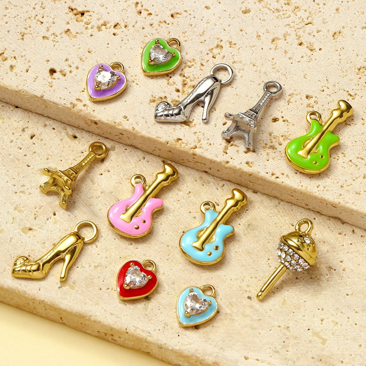6pcs/pack Enamel Crystal Heart Stainless Steel Pendants High Heels Eiffel Tower DIY Charms Violin Earrings Making Women Jewelry