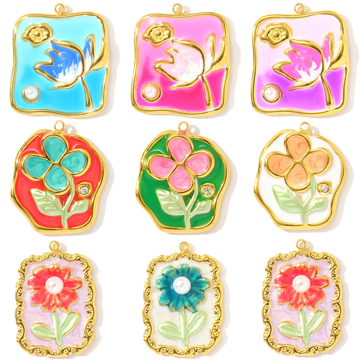 6pcs/pack Stainless Steel Enamel Monet Garden Necklace Pendants Lotus Daisy DIY Earring Charms Flower Making Women Jewelry