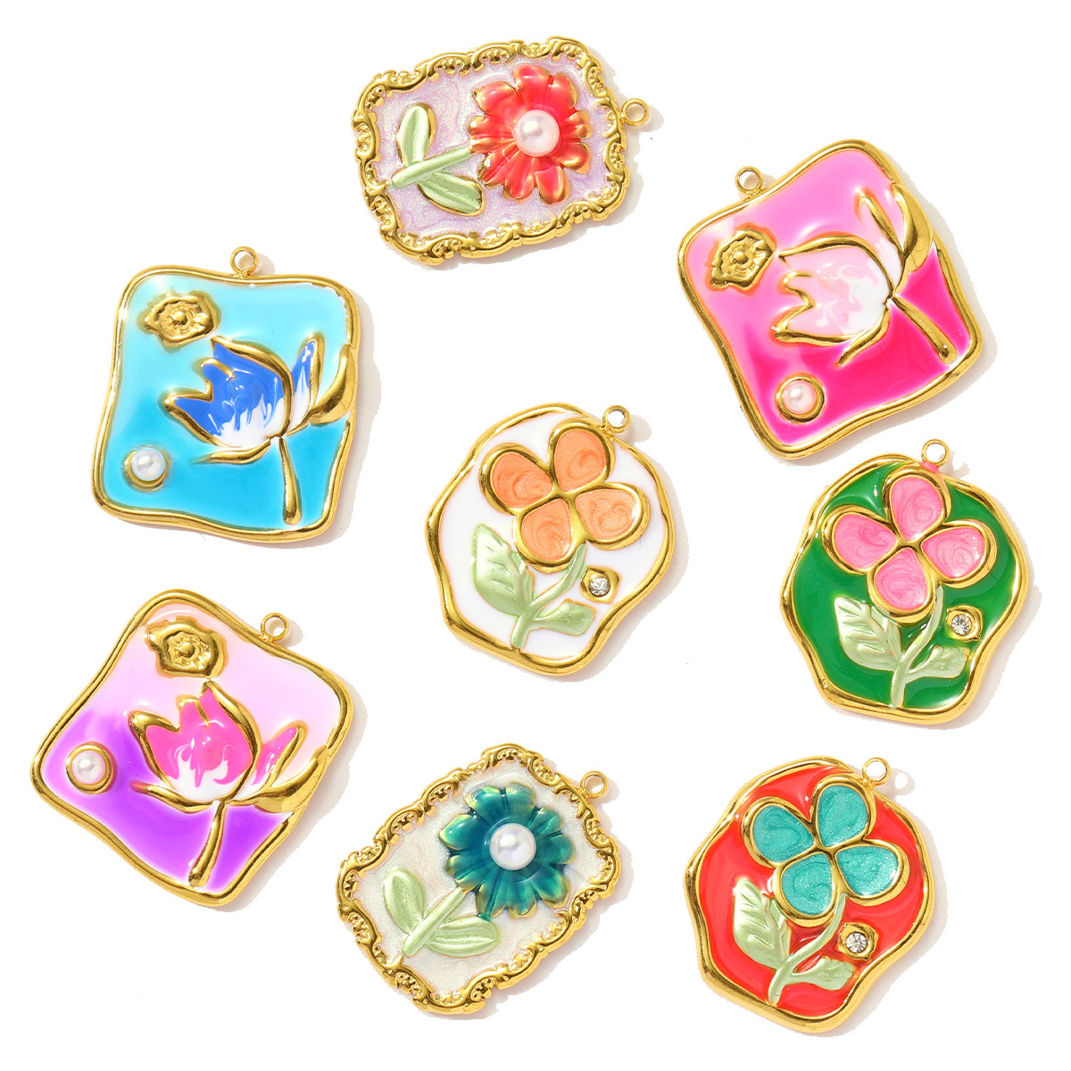 6pcs/pack Stainless Steel Enamel Monet Garden Necklace Pendants Lotus Daisy DIY Earring Charms Flower Making Women Jewelry