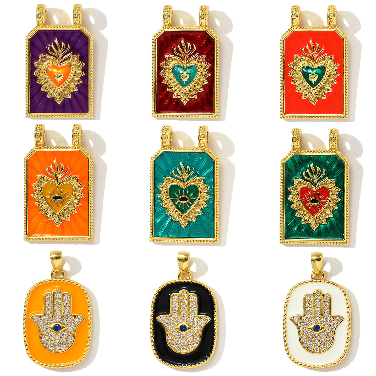 6pcs/pack Copper Zircon Tarot Cards DIY Charms Enamel Heart Evil Eye Hand Pendants Women Necklace Making Jewelry Accessories