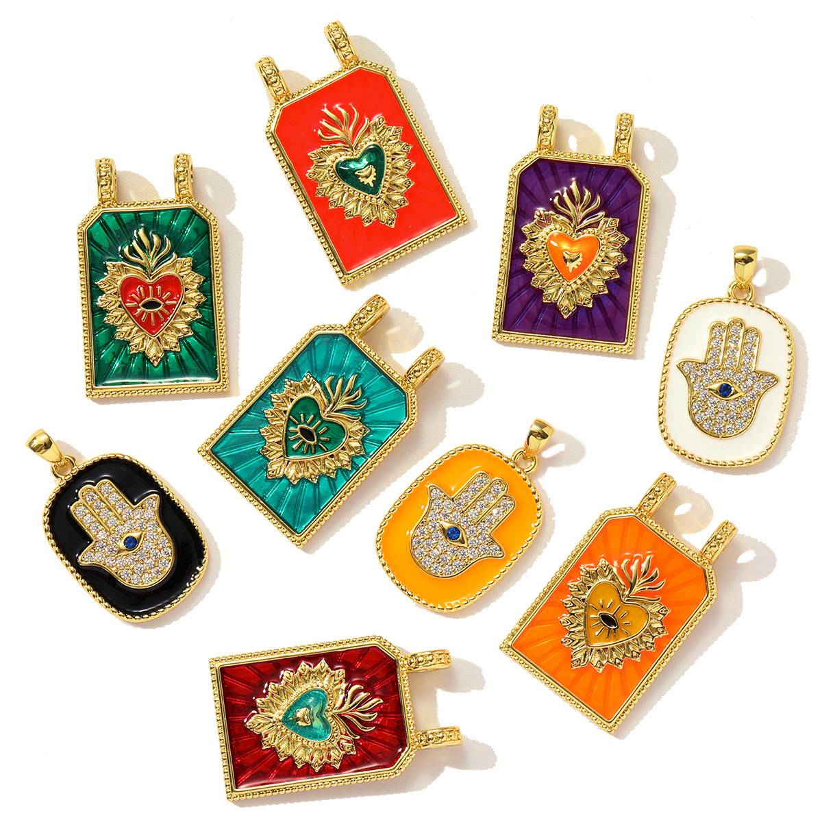 6pcs/pack Copper Zircon Tarot Cards DIY Charms Enamel Heart Evil Eye Hand Pendants Women Necklace Making Jewelry Accessories