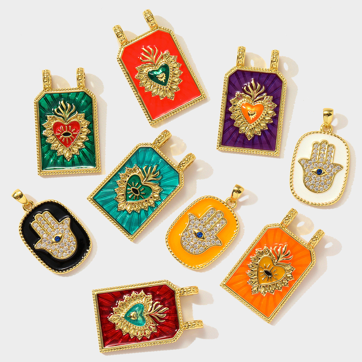 6pcs/pack Copper Zircon Tarot Cards DIY Charms Enamel Heart Evil Eye Hand Pendants Women Necklace Making Jewelry Accessories