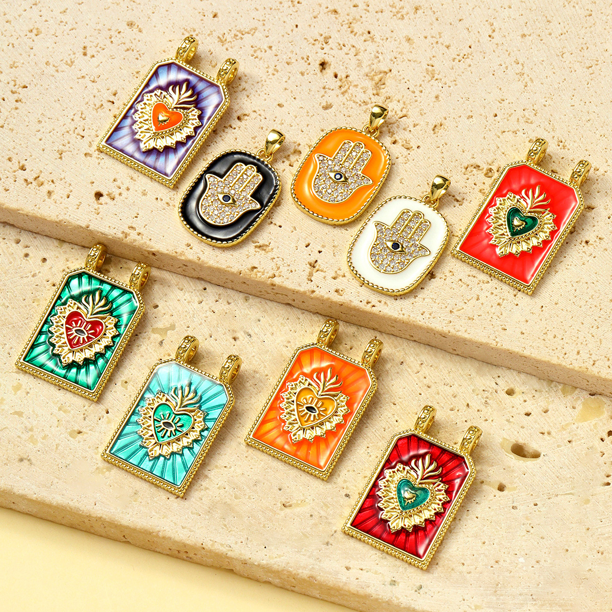 6pcs/pack Copper Zircon Tarot Cards DIY Charms Enamel Heart Evil Eye Hand Pendants Women Necklace Making Jewelry Accessories
