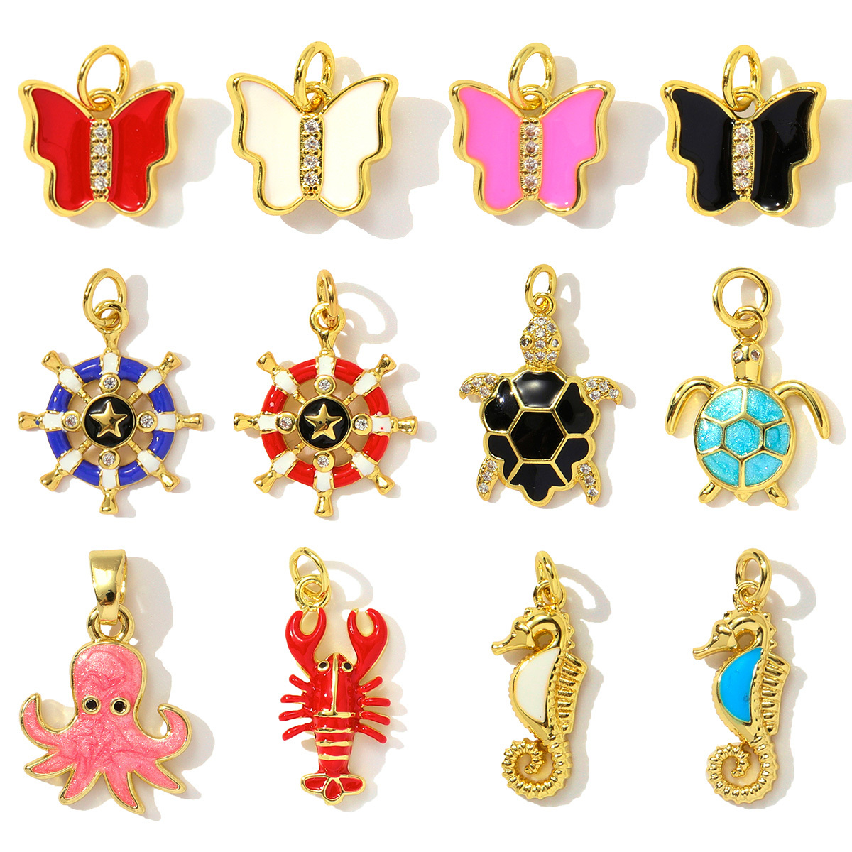 6pcs/pack Butterfly Copper Zircon DIY Charms Seahorse Turtle Necklace Pendants Women Rudder Lobster Jewelry Wholesale