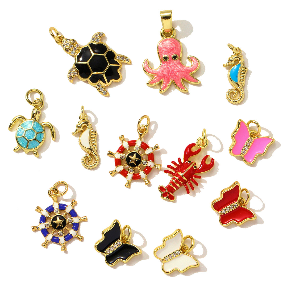 6pcs/pack Butterfly Copper Zircon DIY Charms Seahorse Turtle Necklace Pendants Women Rudder Lobster Jewelry Wholesale