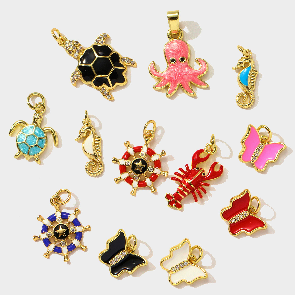 6pcs/pack Butterfly Copper Zircon DIY Charms Seahorse Turtle Necklace Pendants Women Rudder Lobster Jewelry Wholesale
