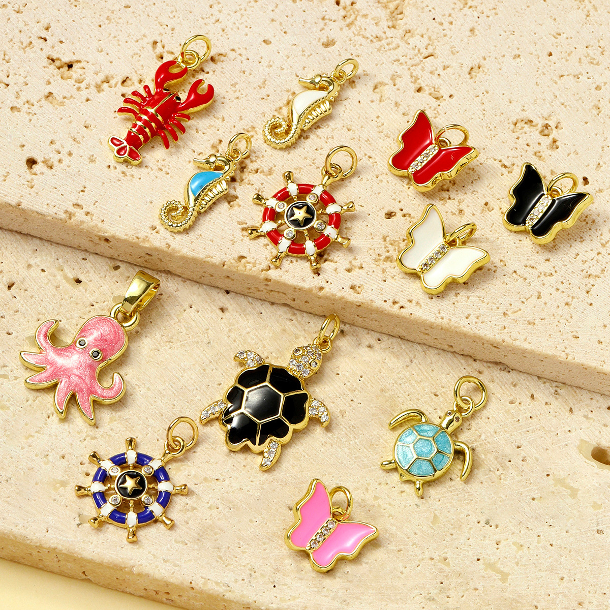 6pcs/pack Butterfly Copper Zircon DIY Charms Seahorse Turtle Necklace Pendants Women Rudder Lobster Jewelry Wholesale