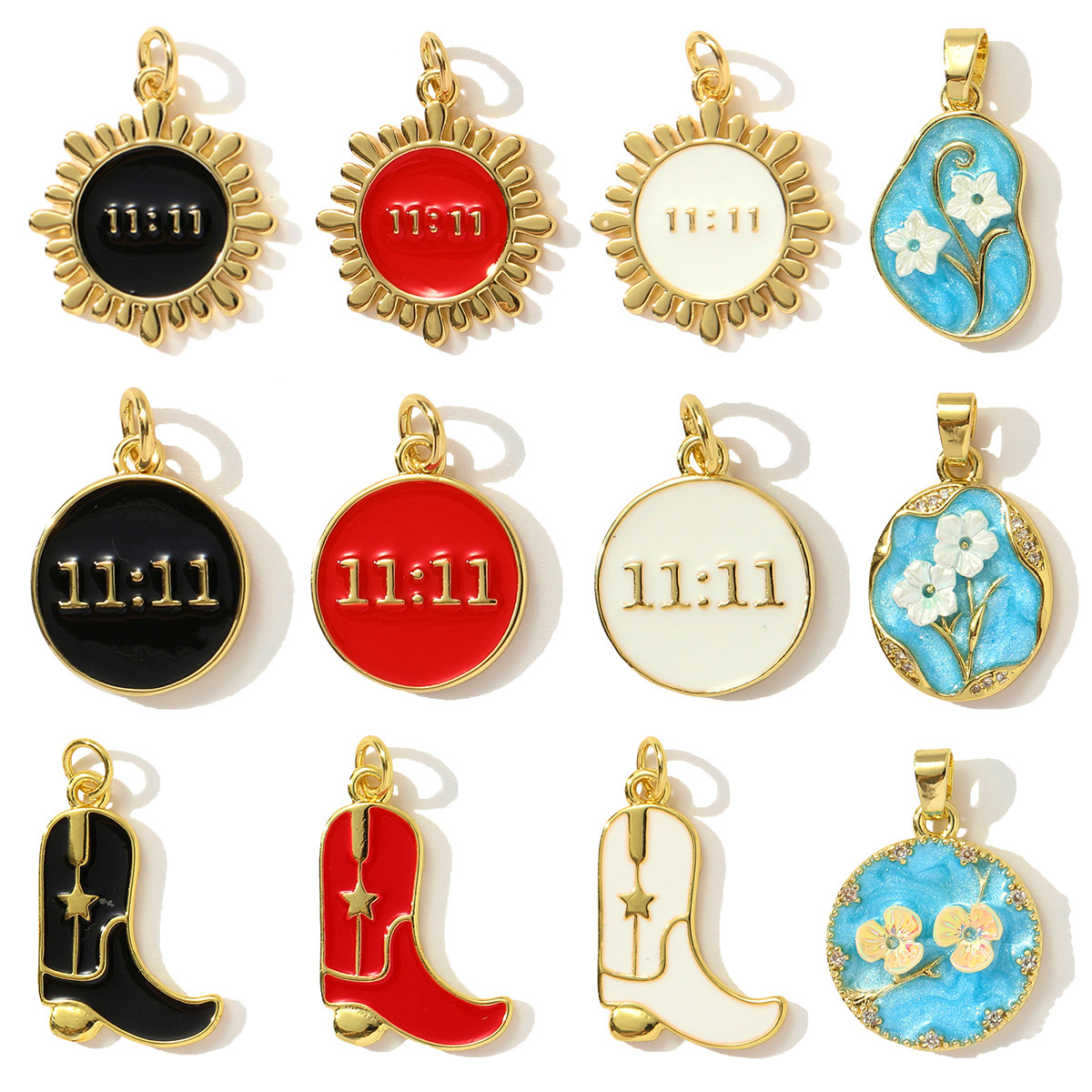 6pcs/pack Copper Zircon Angel Number 1111 Round DIY Charms Enamel Boots Flower Pendants Women Earring Jewelry Making